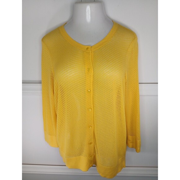 Talbots Pima Cotton Open Knit Cardigan XL Yellow Button Front 3/4 Sleeves EUC - Picture 1 of 6